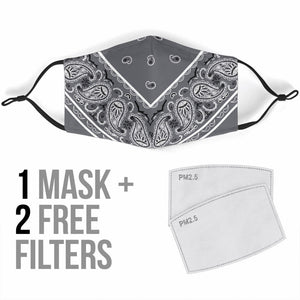 Adjustable Classic Gray Bandana Face Mask with 5 Layer Filters