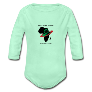 Space Age African(Organic Long Sleeve Baby Bodysuit) - light mint